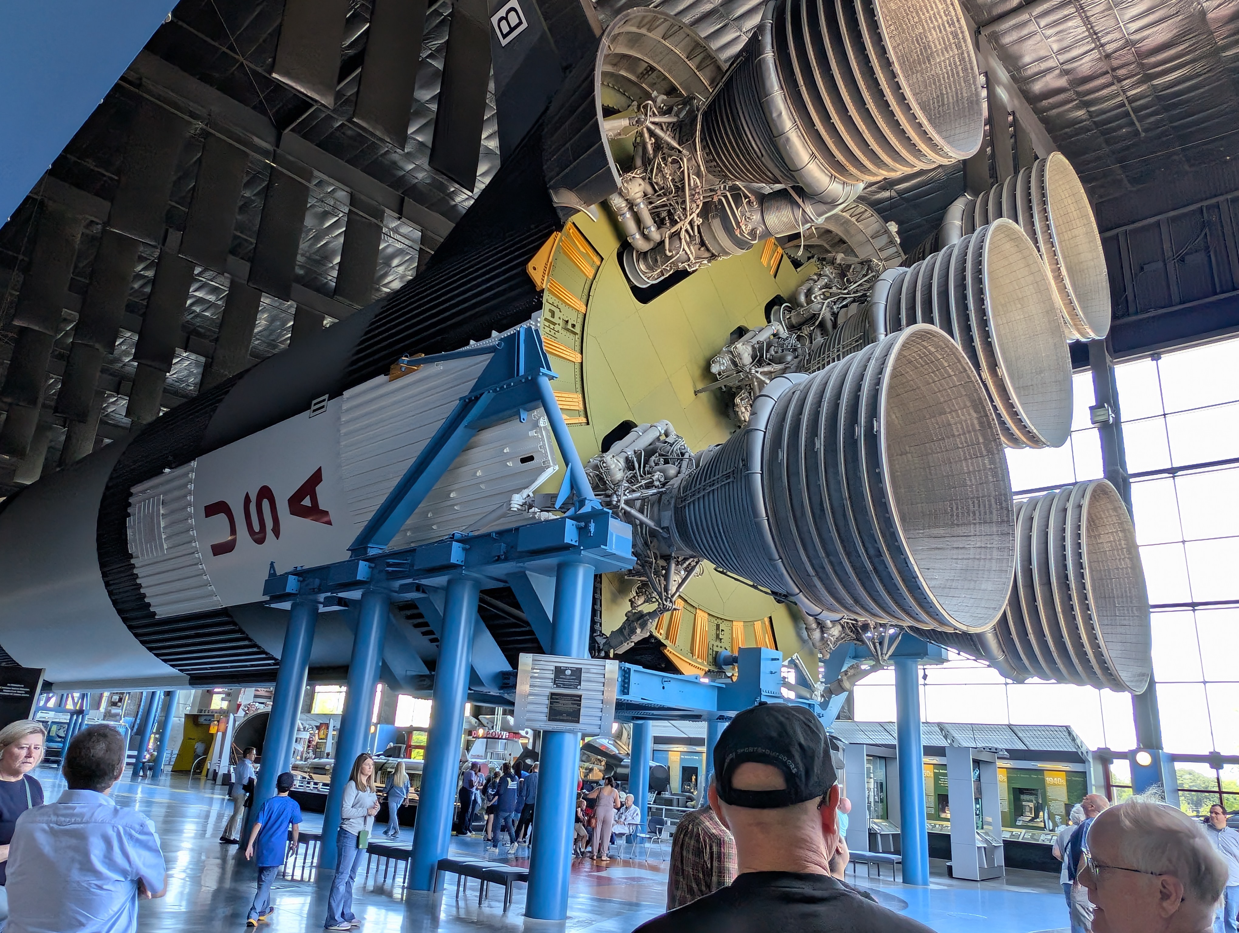Saturn V rocket on its side at the U.S. Space and Rocket Center