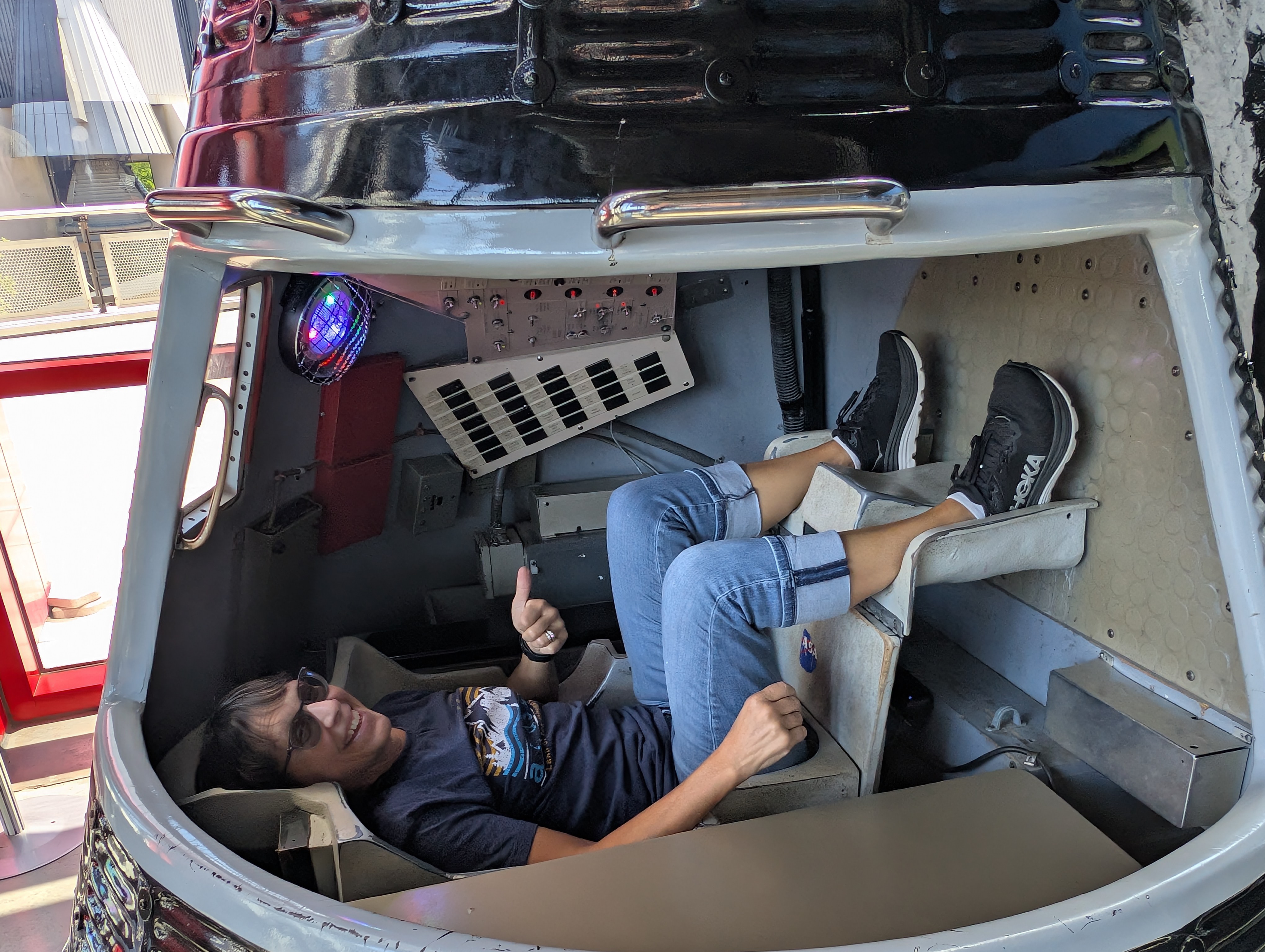 Lana Gates in a Mercury capsule at the U.S. Space and Rocket Center in Alabama